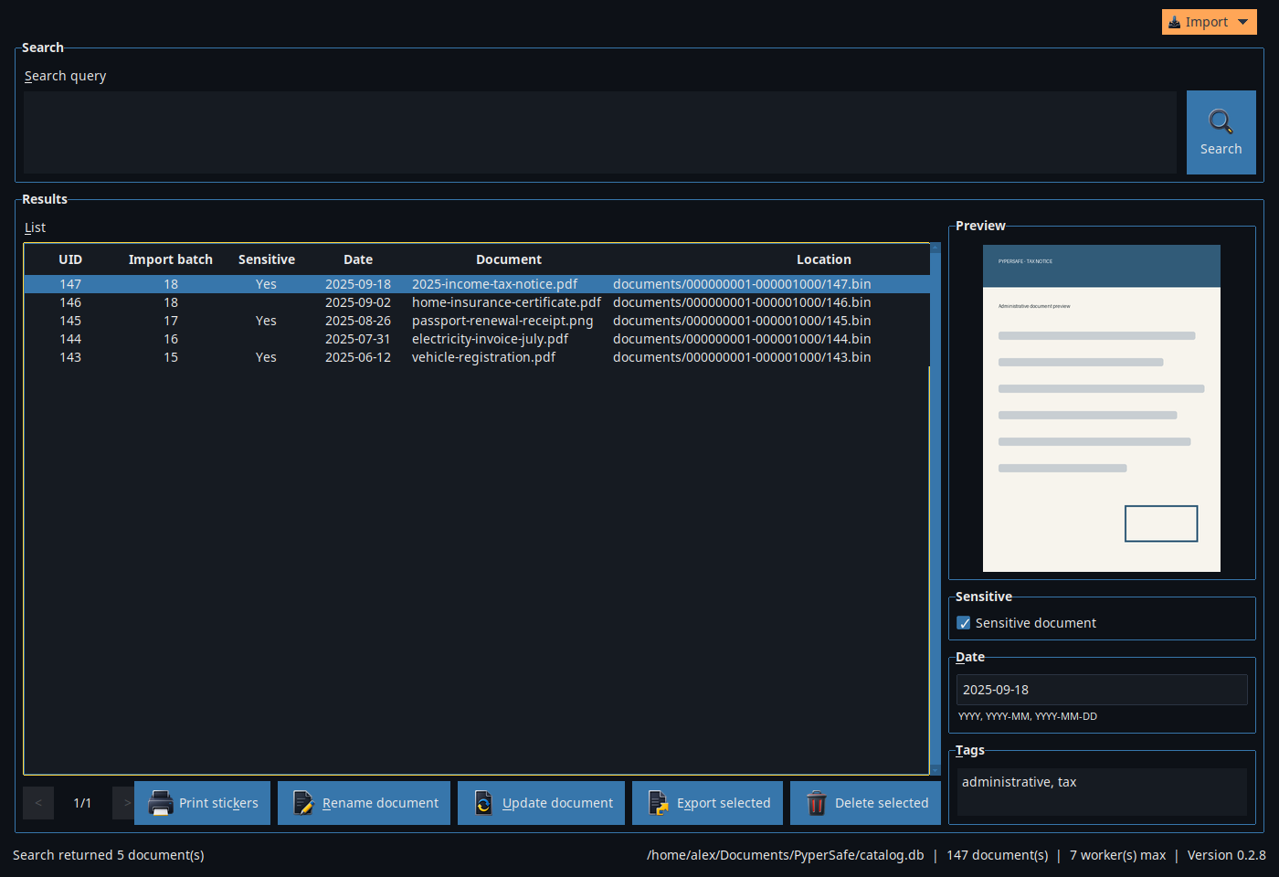 PyperSafe workspace with search, document list, preview, and metadata